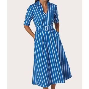 NEW LUSANA chrissie belted poplin dress in vacay stripe